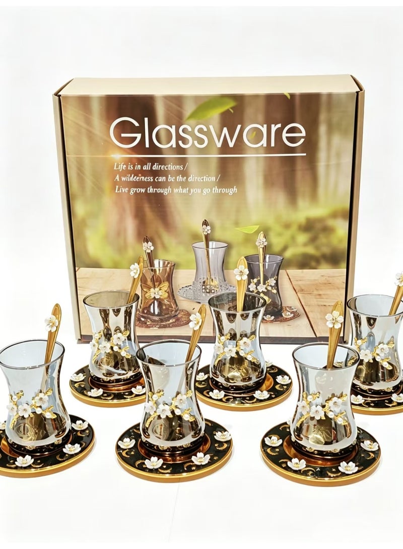 Amber-Tinted Glass Tea Cup Set with Metal Coasters & Floral Spoons - 6 Pieces, Handcrafted Golden & White Ornament - Image 1