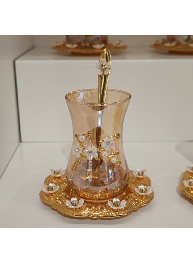 Amber-Tinted Glass Tea Cup Set with Metal Coasters & Floral Spoons - 6 Pieces, Handcrafted Golden & White Ornament - Image 2