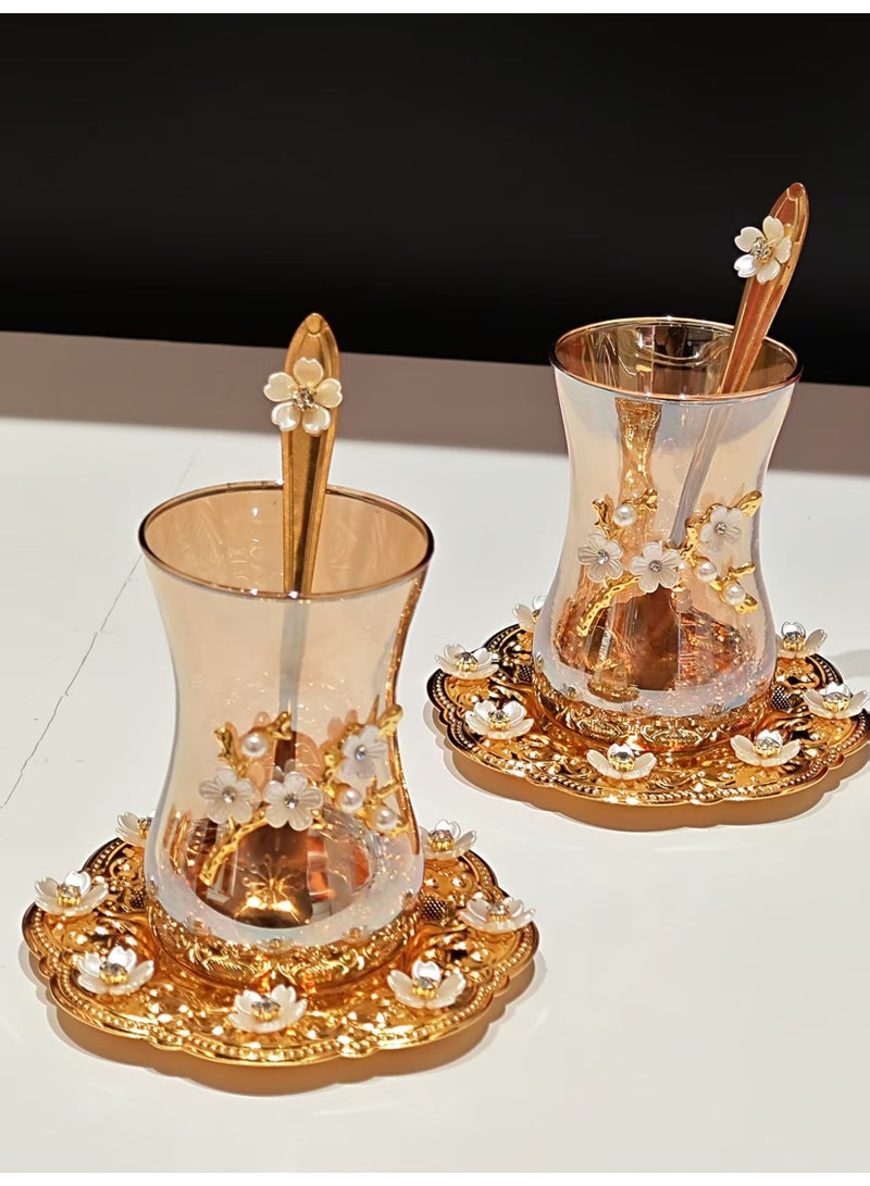 Amber-Tinted Glass Tea Cup Set with Metal Coasters & Floral Spoons - 6 Pieces, Handcrafted Golden & White Ornament - Image 3
