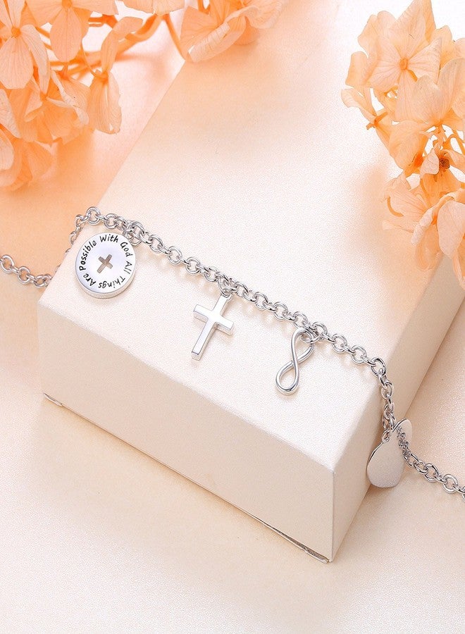 DAOCHONG S925 Sterling Silver With God All Things are Possible Infinity Cross Love Heart Adjustable Bracelet Link 7 to 9 inches - Image 4