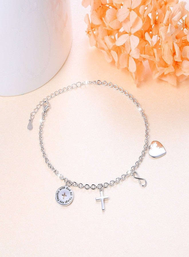 DAOCHONG S925 Sterling Silver With God All Things are Possible Infinity Cross Love Heart Adjustable Bracelet Link 7 to 9 inches - Image 3