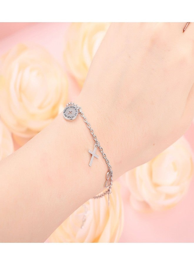 DAOCHONG S925 Sterling Silver With God All Things are Possible Infinity Cross Love Heart Adjustable Bracelet Link 7 to 9 inches - Image 2