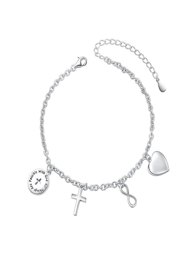 DAOCHONG S925 Sterling Silver With God All Things are Possible Infinity Cross Love Heart Adjustable Bracelet Link 7 to 9 inches - Image 1