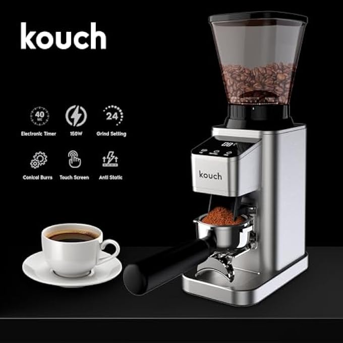 KOUCH Coffee Grinder Electric Adjustable Touchscreen Burr Mill With 24 Precise Settings Precision Electronic Timer AntiStatic Brushed Stainless Steel - Image 4