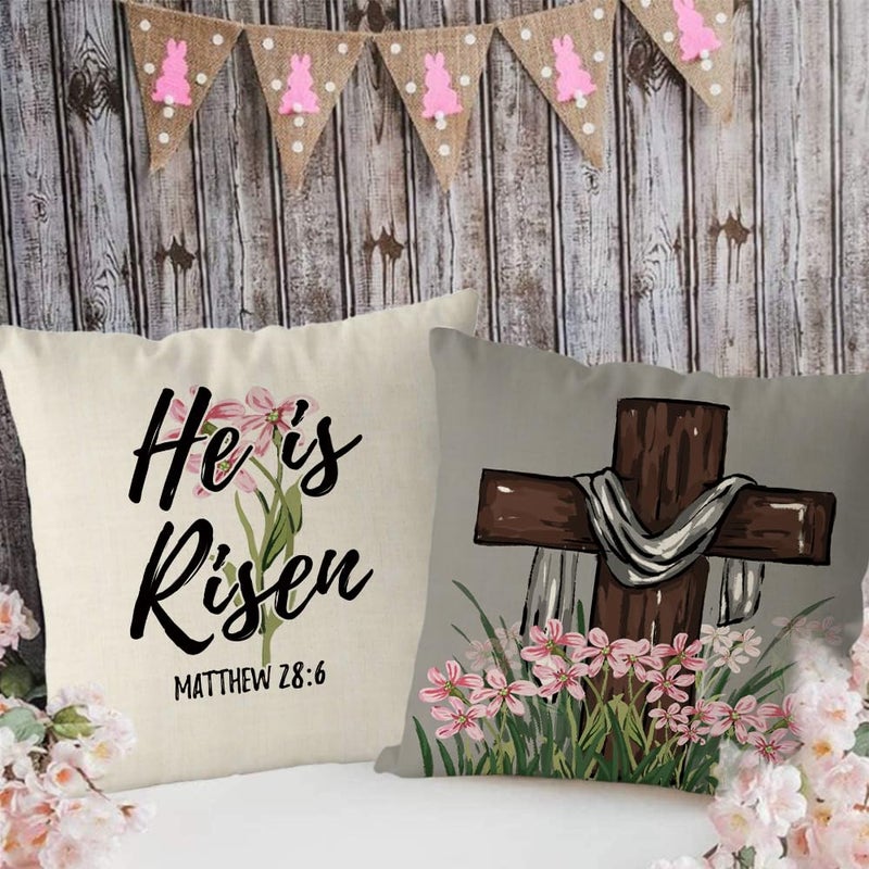 GAGEC Easter Pillow Covers 18x18 Inch Set of 4 He is Risen Bless Our Home Cross Flowers Pillowcase Farmhouse Decorations for Sofa Couch Bedroom Living Room Decor - Image 2