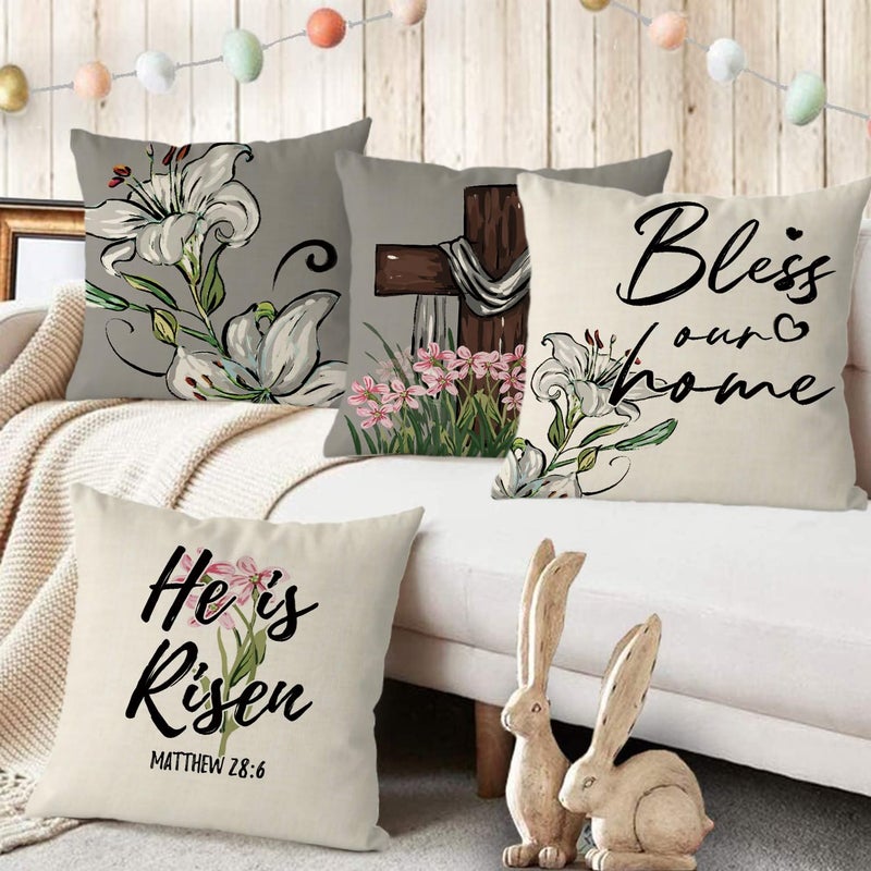 GAGEC Easter Pillow Covers 18x18 Inch Set of 4 He is Risen Bless Our Home Cross Flowers Pillowcase Farmhouse Decorations for Sofa Couch Bedroom Living Room Decor - Image 3