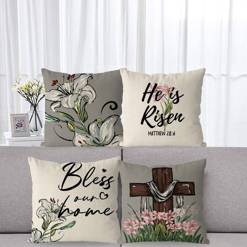 GAGEC Easter Pillow Covers 18x18 Inch Set of 4 He is Risen Bless Our Home Cross Flowers Pillowcase Farmhouse Decorations for Sofa Couch Bedroom Living Room Decor - Image 5