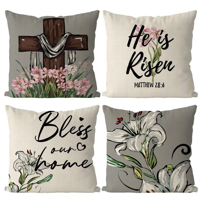 GAGEC Easter Pillow Covers 18x18 Inch Set of 4 He is Risen Bless Our Home Cross Flowers Pillowcase Farmhouse Decorations for Sofa Couch Bedroom Living Room Decor - Image 1