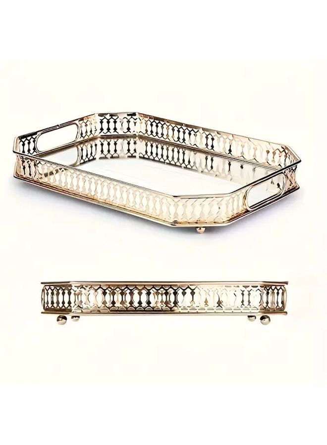 Large Golden Metal Vanity Tray With Ornate Frame Elegant Geometric Design 13 - Image 1