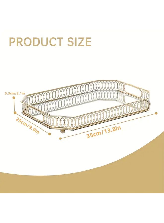 Large Golden Metal Vanity Tray With Ornate Frame Elegant Geometric Design 13 - Image 3