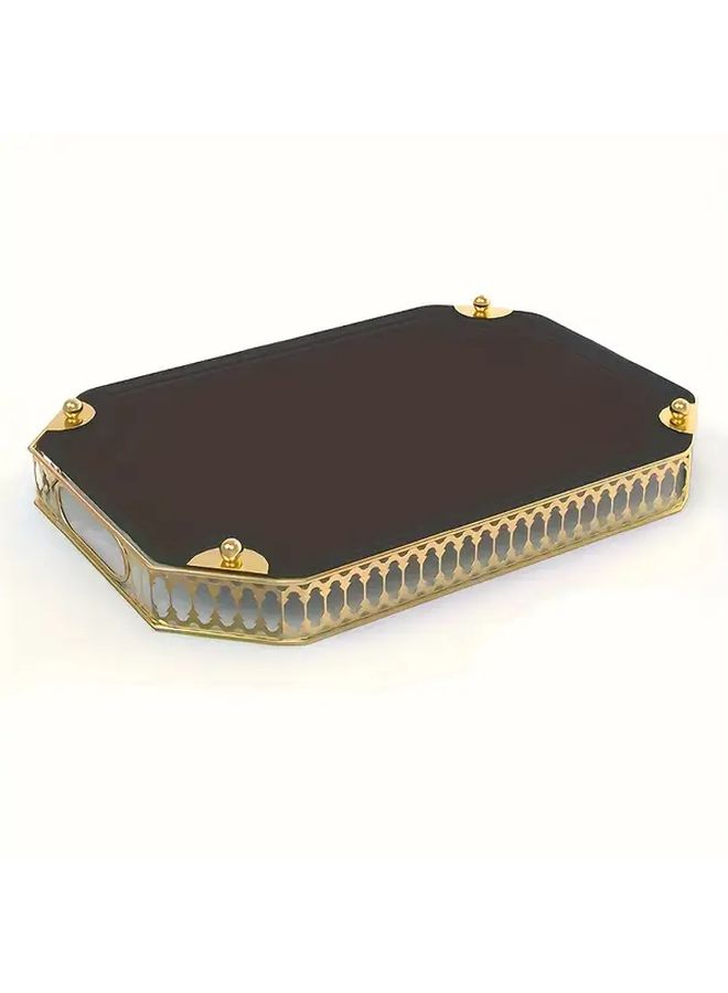 Large Golden Metal Vanity Tray With Ornate Frame Elegant Geometric Design 13 - Image 4