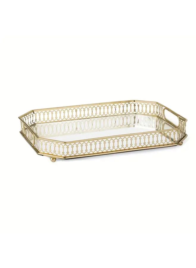 Large Golden Metal Vanity Tray With Ornate Frame Elegant Geometric Design 13 - Image 2