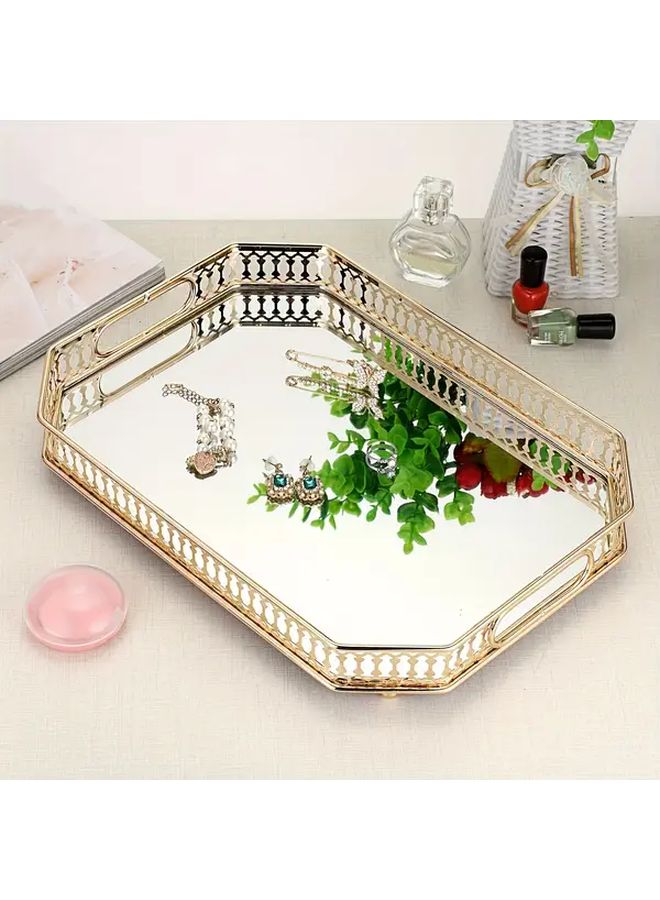 Large Golden Metal Vanity Tray With Ornate Frame Elegant Geometric Design 13 - Image 5