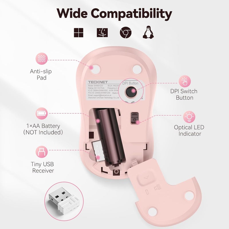 TECKNET Wireless Mouse for Laptop, 2.4G Silent Computer Mouse Quiet Click with 5 DPI Levels,Contoured Grip,Small Portable 30 Months Battery Cordless Mice for PC, Chromebook, Mac - Pink - Image 4