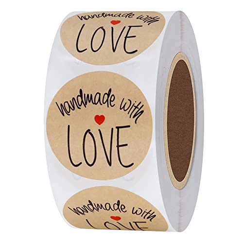 Hybsk 500pcs 1.5 Inch Kraft Handmade with Love Stickers with Red Heart for Small Business Baked Packaging (Type 1) - Image 1