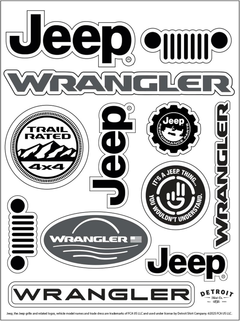 Jeep Wrangler 12-Decal Sticker Sheet | 6"x 8" Durable Vinyl Stickers | Weatherproof UV-Resistant, Easy Peel-Off Off-Road Graphics - Image 1