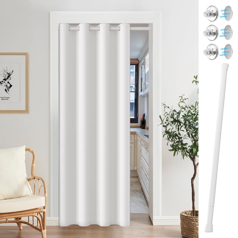 Vatge Magnetic Doorway Curtains with Rod - W42 x L80, 1 Panel, Grayish White, Light Filtering Door Curtain, Closet Door Alternatives, Easy to Install - Image 1