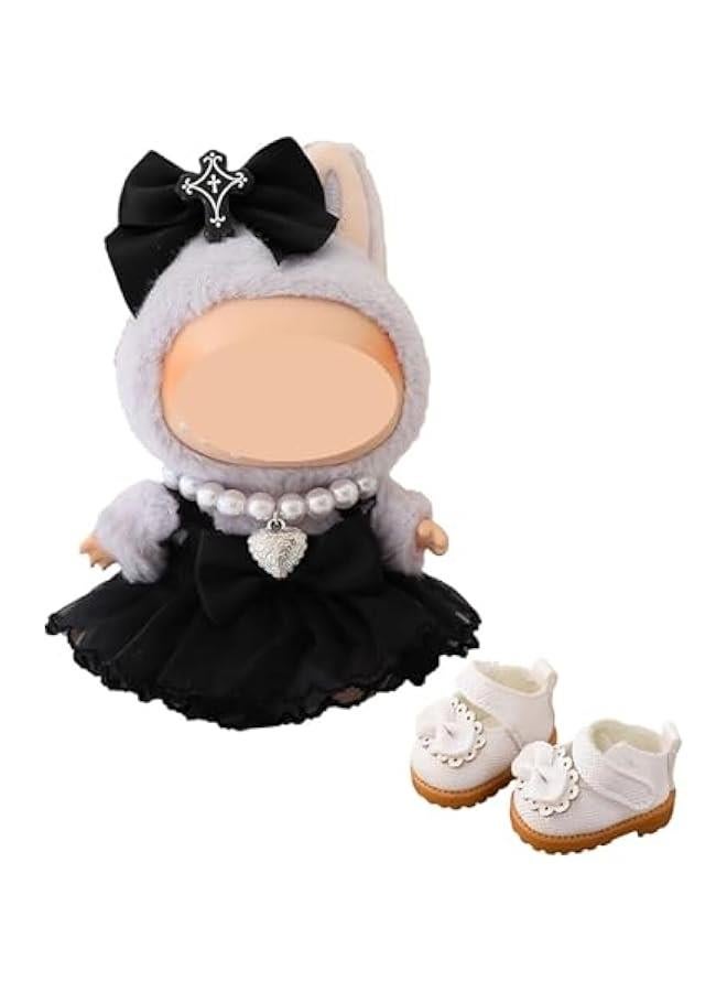 3 Set Labubu Clothes, Labubu Outfit with Accessories, Clothes for La bubu Dress+Hair Pin+Pearl Necklace Stylish Clothe for Doll Gothic (Black Angel+Necklace+White Shoes) - Image 1