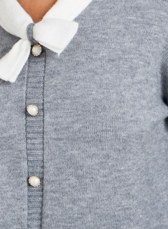 Take Two Women Grey Solid Tie-Up Neck Sweater with Faux Pearl Detail - Image 4