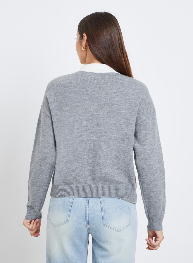 Take Two Women Grey Solid Tie-Up Neck Sweater with Faux Pearl Detail - Image 5