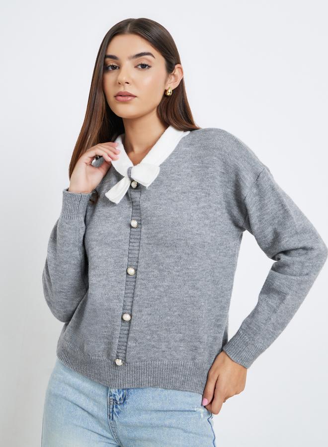 Take Two Women Grey Solid Tie-Up Neck Sweater with Faux Pearl Detail - Image 3