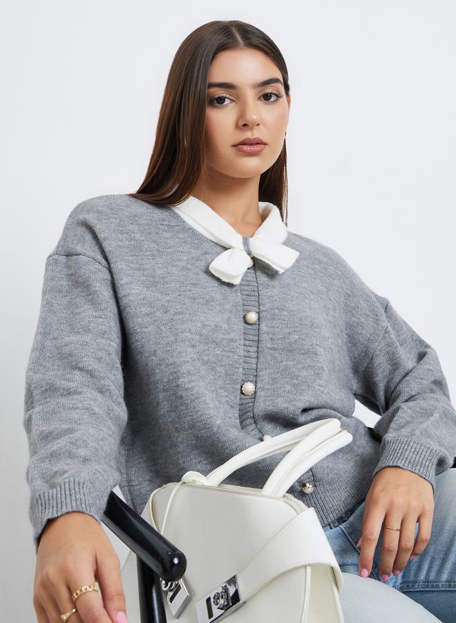 Take Two Women Grey Solid Tie-Up Neck Sweater with Faux Pearl Detail - Image 1