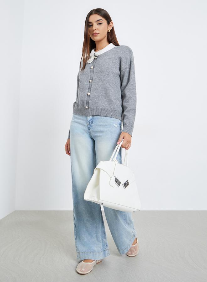 Take Two Women Grey Solid Tie-Up Neck Sweater with Faux Pearl Detail - Image 2