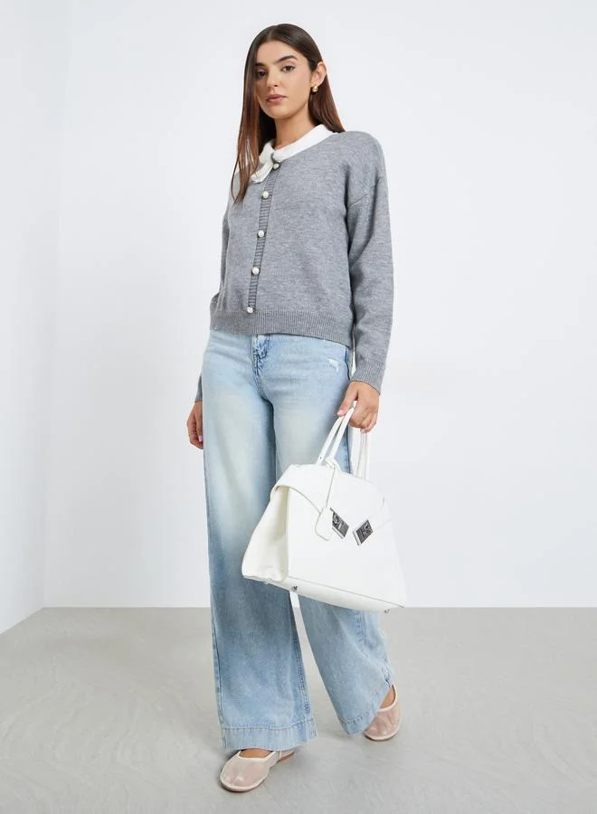 Take Two Women Grey Solid Tie-Up Neck Sweater with Faux Pearl Detail