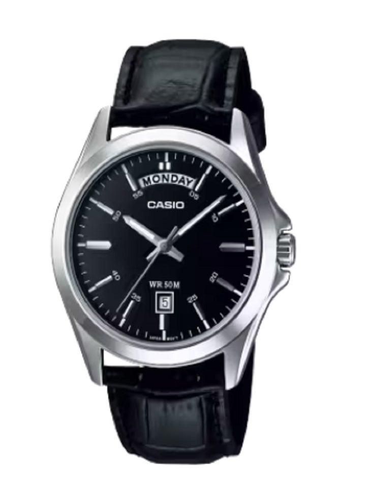 كاسيو ساعة كاسيو التنفيذية للرجال بنظام التاريخ اليومي: مينا أسود كلاسيكي مع مقاومة للماء حتى عمق 50 مترًا وحزام من الجلد الأصلي