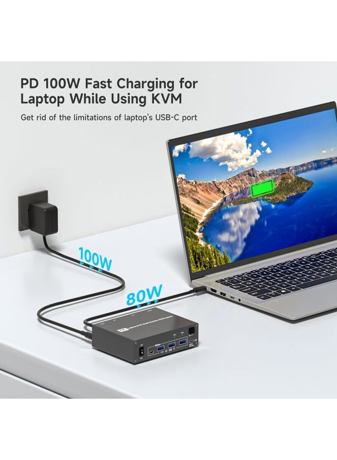 DXchip 4K USB Type-C Docking KVM Switch Laptop& Desktop 2 Monitors 2 Computers USB-C & Dual HDMI 4K@60Hz Dual Monitor KVM Switches for MAC & PC, PD 100W Charging, with Type-C 3.1 Gen 2 Cable & Wired Remote - Image 4