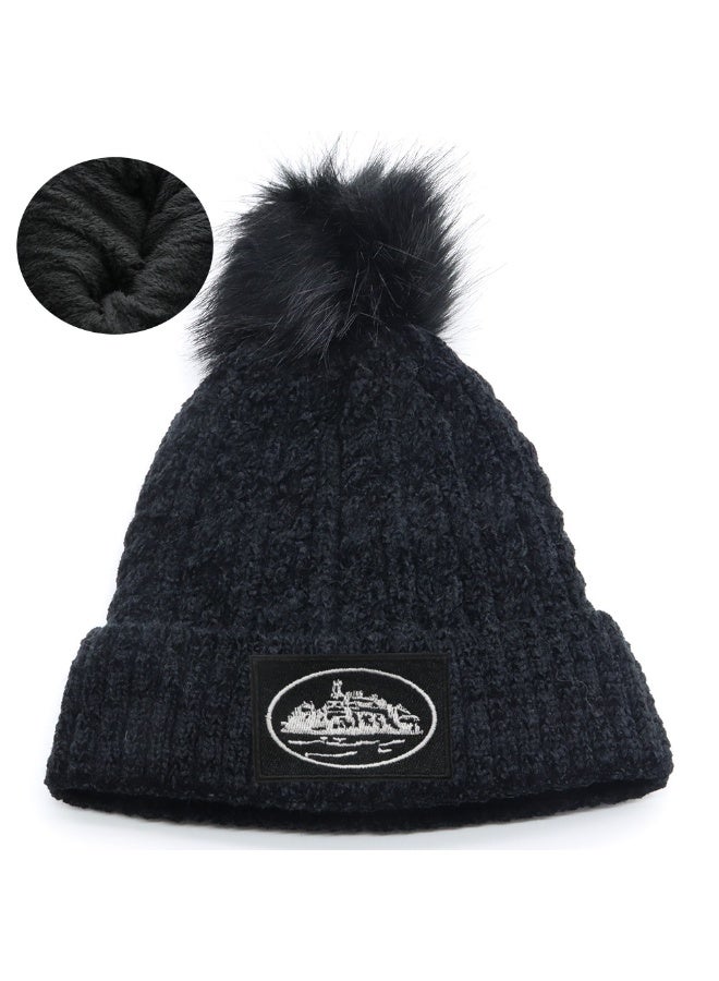 Quiksilver Sherpa-Lined Pom-Pom Beanie - Black Textured Winter Beanie for Men & Women