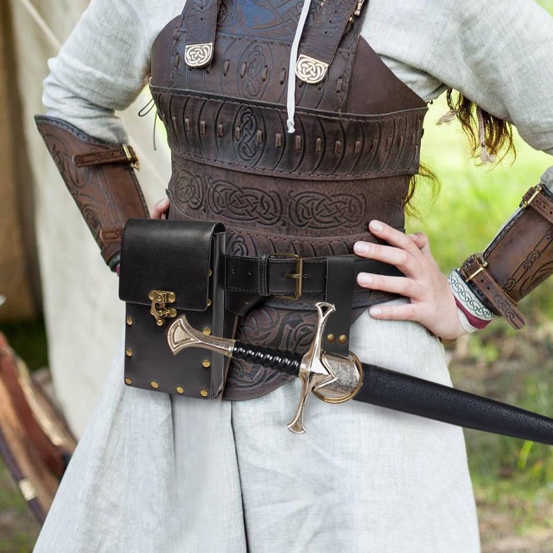 SUMGOGO Belt Pouch Waist Bag Fanny Pack Steampunk Phone Holder Medieval Bag Leather Belt Renaissance Cosplay Costume Accessories (1-Balck) - Image 2