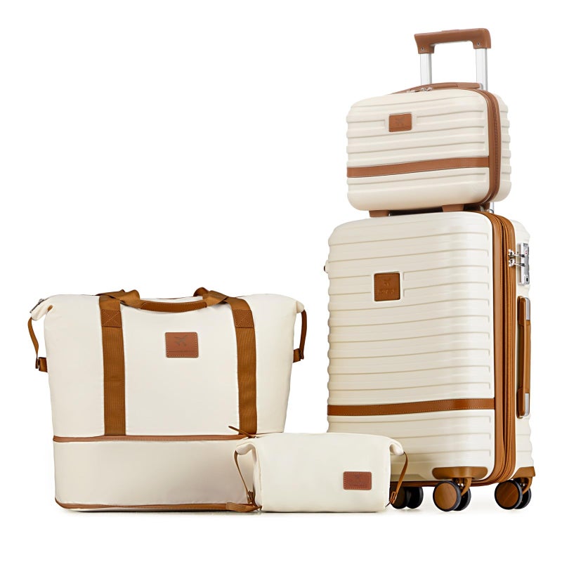 Joyway Carry On Luggage 20 Inch Expandable Suitcase with Spinner Wheel, 4 Piece Hard Shell Luggage Set with TSA Lock(White brown) - Image 1