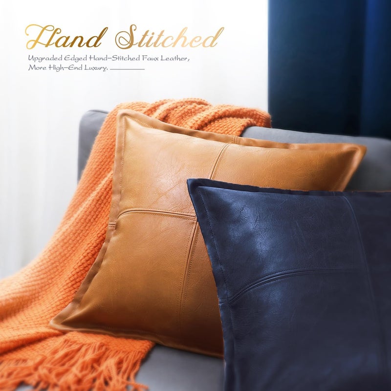 BRAWARM Navy Blue Leather Throw Pillow 22 X 22 Inches, Faux Leather Pillow Cover with Piping, Hand Stitched Decorative Throw Pillow Covers for Couch Sofa Bed Living Room Garden - Image 4