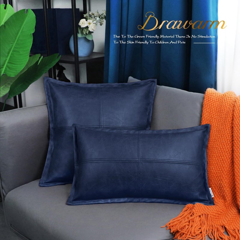 BRAWARM Navy Blue Leather Throw Pillow 22 X 22 Inches, Faux Leather Pillow Cover with Piping, Hand Stitched Decorative Throw Pillow Covers for Couch Sofa Bed Living Room Garden - Image 5