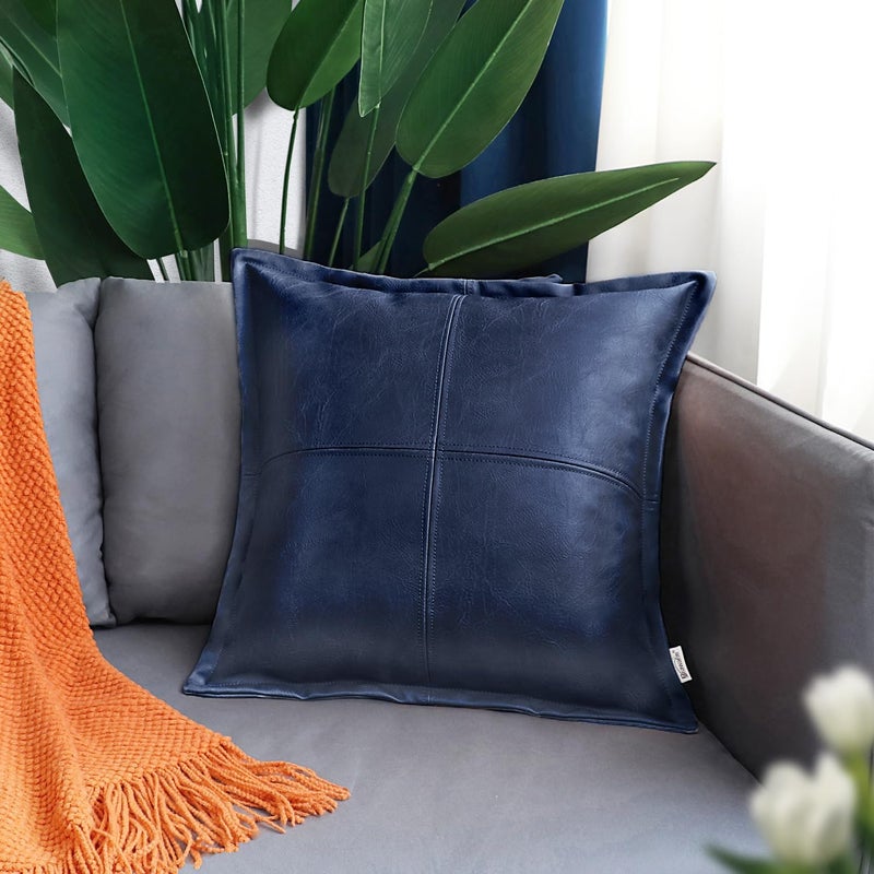 BRAWARM Navy Blue Leather Throw Pillow 22 X 22 Inches, Faux Leather Pillow Cover with Piping, Hand Stitched Decorative Throw Pillow Covers for Couch Sofa Bed Living Room Garden - Image 2