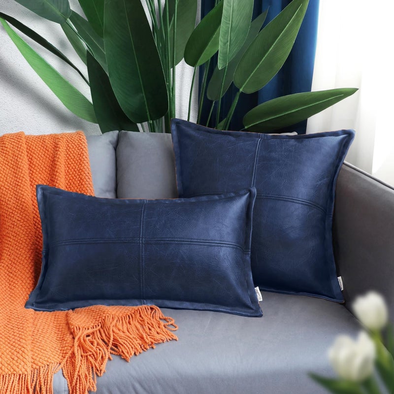 BRAWARM Navy Blue Leather Throw Pillow 22 X 22 Inches, Faux Leather Pillow Cover with Piping, Hand Stitched Decorative Throw Pillow Covers for Couch Sofa Bed Living Room Garden - Image 3