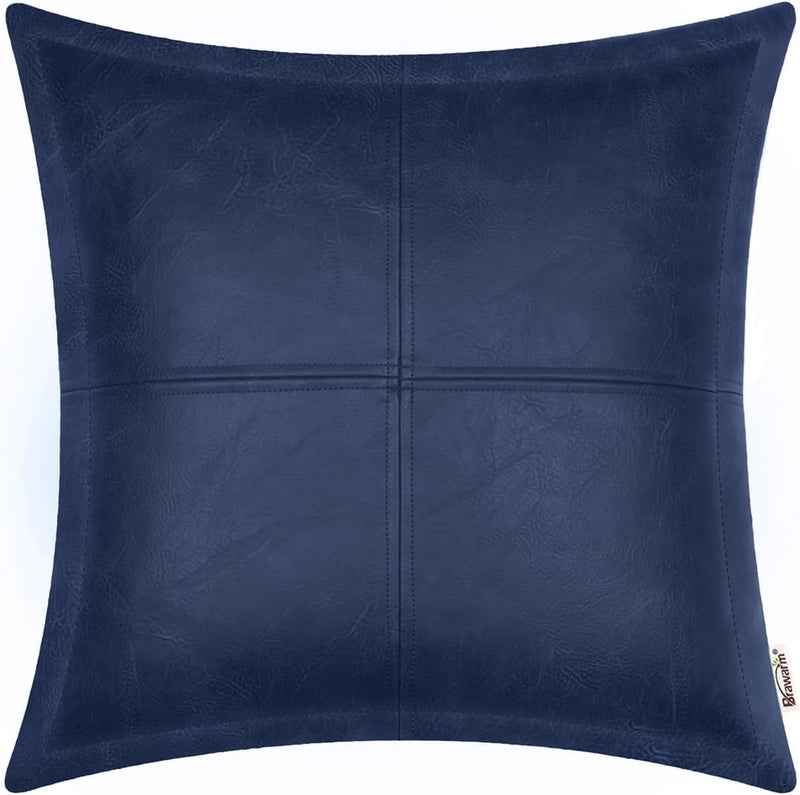 BRAWARM Navy Blue Leather Throw Pillow 22 X 22 Inches, Faux Leather Pillow Cover with Piping, Hand Stitched Decorative Throw Pillow Covers for Couch Sofa Bed Living Room Garden - Image 1