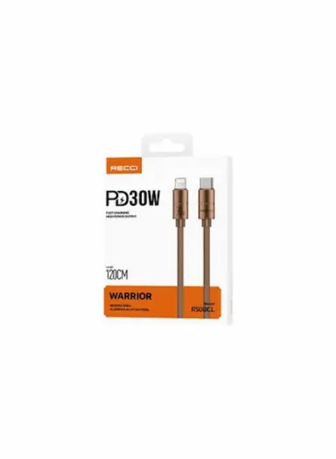 Recci RS08CL Warrior Series 30W Fast Charging Cable – Type-C to Lightning – 1.2M – Desert Gold – for iPhone – Durable & Tangle-Free Design - Image 2