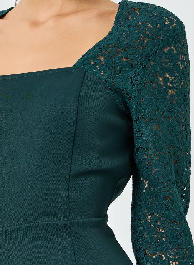 Styli  Dark Green Lace Long Sleeves Sheath Midi Dress for Women | Best Price UAE