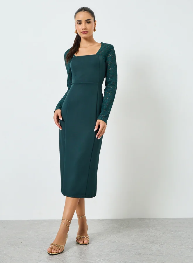 Styli  Dark Green Lace Long Sleeves Sheath Midi Dress for Women | Best Price UAE