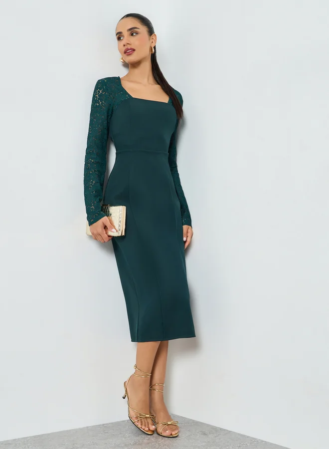 Dark Green Lace Long Sleeves Sheath Midi Dress