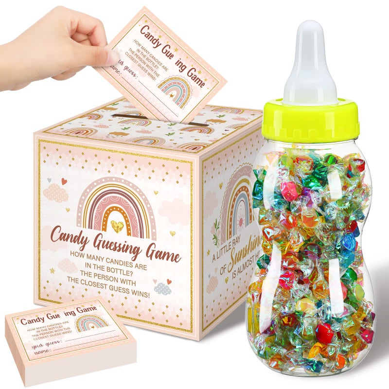 Glenmal 52 Pcs Baby Shower Games Gift Sets Large Baby Bottle for Shower Game Guess How Many Candies Decorations for Gender RevealBoho