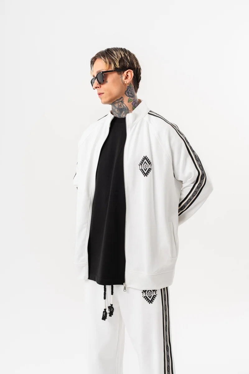 RESPIRE Men's Striped Stand Collar Doubleface Zip Oversize Sweatshirt Ecru