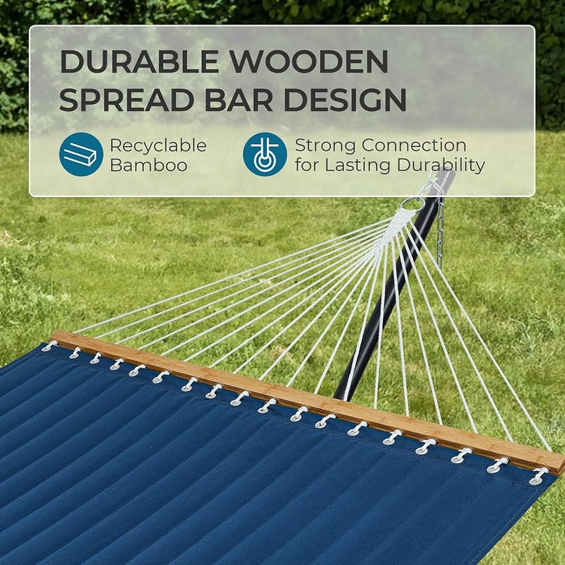 سوبرجير SUPERJARE Hammock with Stand, 2 Person Quilted Outdoor Hammock, Detachable Pillow & Bamboo Spreaders, Portable Hammock with Carrying Bag, Heavy Duty Stand, Perfect for Outside, Patio, Navy Blue - Image 4