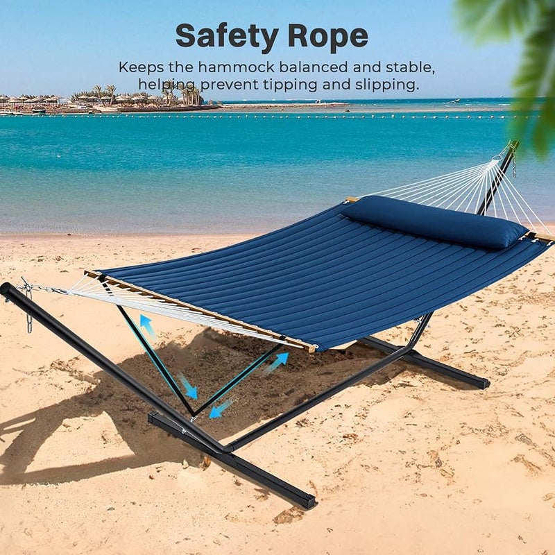سوبرجير SUPERJARE Hammock with Stand, 2 Person Quilted Outdoor Hammock, Detachable Pillow & Bamboo Spreaders, Portable Hammock with Carrying Bag, Heavy Duty Stand, Perfect for Outside, Patio, Navy Blue - Image 5