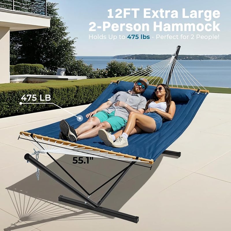 سوبرجير SUPERJARE Hammock with Stand, 2 Person Quilted Outdoor Hammock, Detachable Pillow & Bamboo Spreaders, Portable Hammock with Carrying Bag, Heavy Duty Stand, Perfect for Outside, Patio, Navy Blue - Image 3