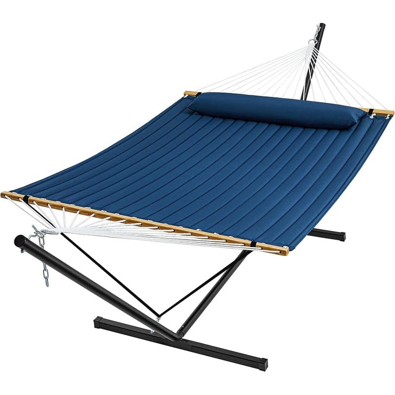 سوبرجير SUPERJARE Hammock with Stand, 2 Person Quilted Outdoor Hammock, Detachable Pillow & Bamboo Spreaders, Portable Hammock with Carrying Bag, Heavy Duty Stand, Perfect for Outside, Patio, Navy Blue - Image 1