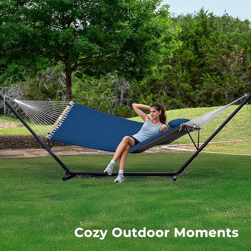 سوبرجير SUPERJARE Hammock with Stand, 2 Person Quilted Outdoor Hammock, Detachable Pillow & Bamboo Spreaders, Portable Hammock with Carrying Bag, Heavy Duty Stand, Perfect for Outside, Patio, Navy Blue - Image 2