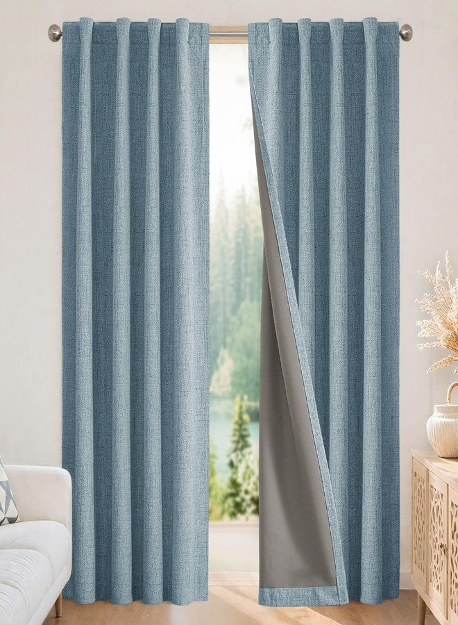 Joydeco Blackout Linen Curtains 96 inches Long 100% Blackout Drapes 95 inch Length 2 Panels Set for Bedroom Living Room Black Out DarkeningCurtain Thermal Insulated Backtab RodPocket(52x96inchSkyBlue)
